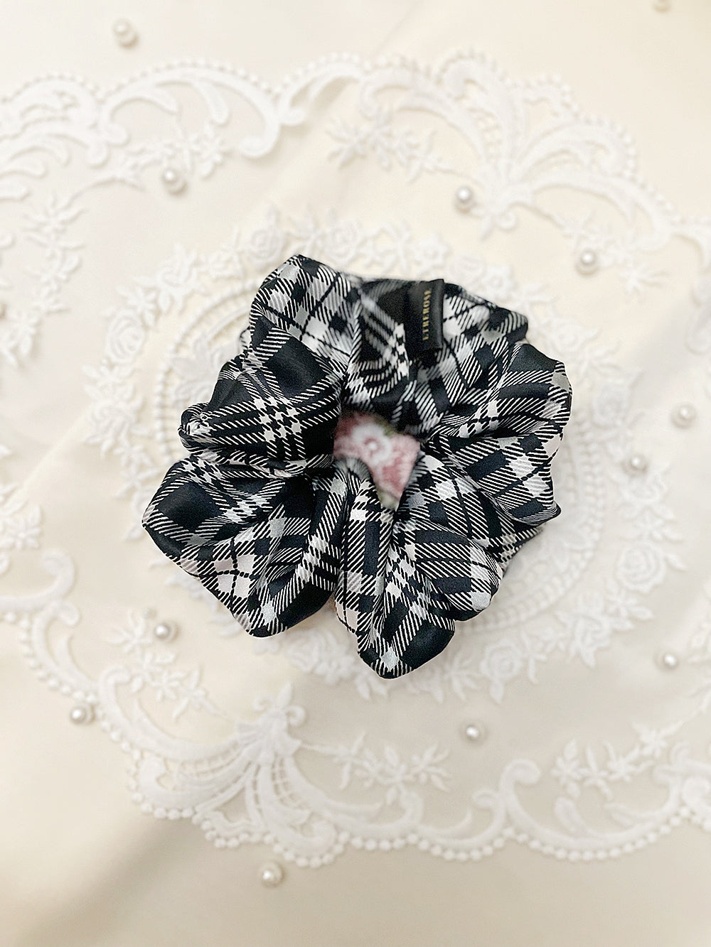 Check Printing Satin Hair Scrunchie (3color)