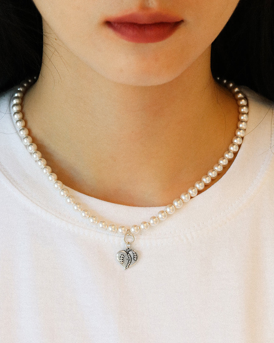 Stitch heart pearl necklace (925 silver)