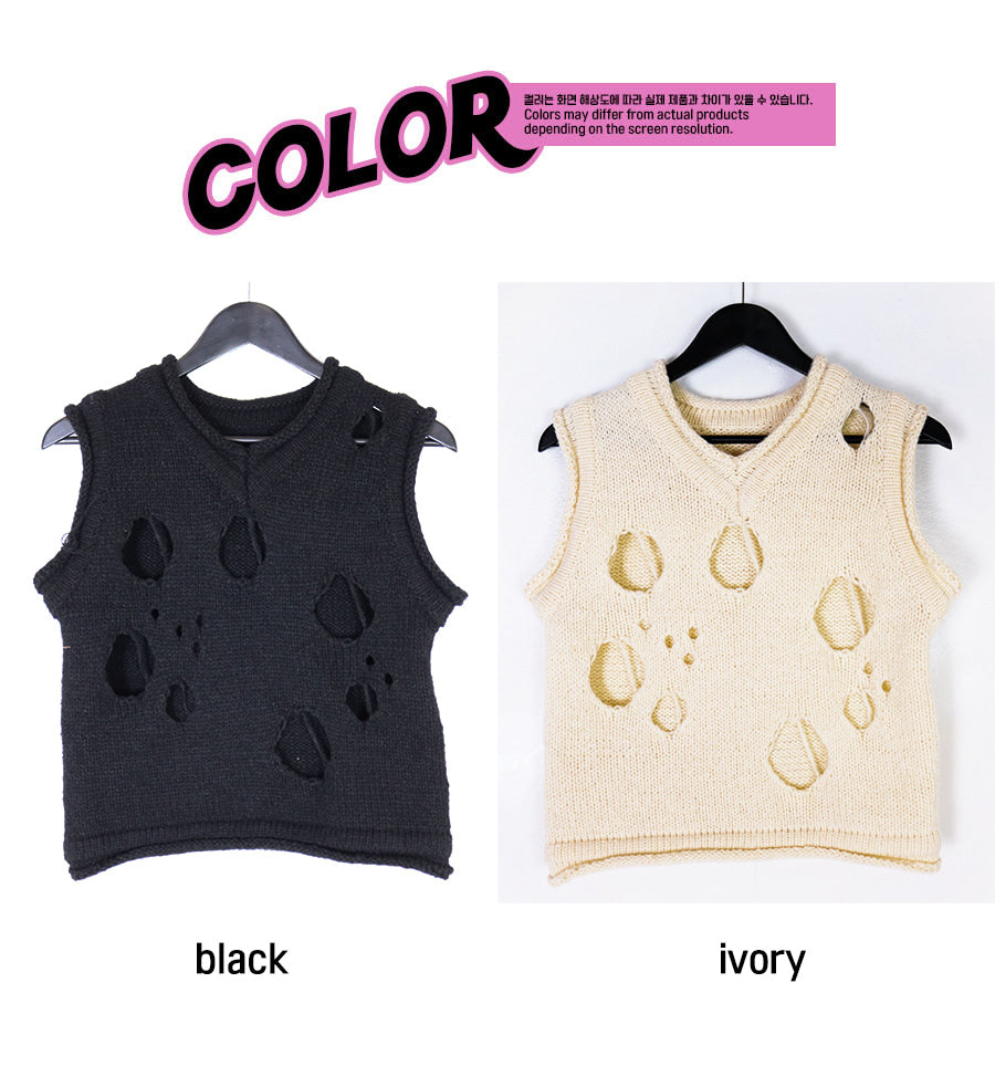 cheese knit damage vest (2color) FREE / BLACK