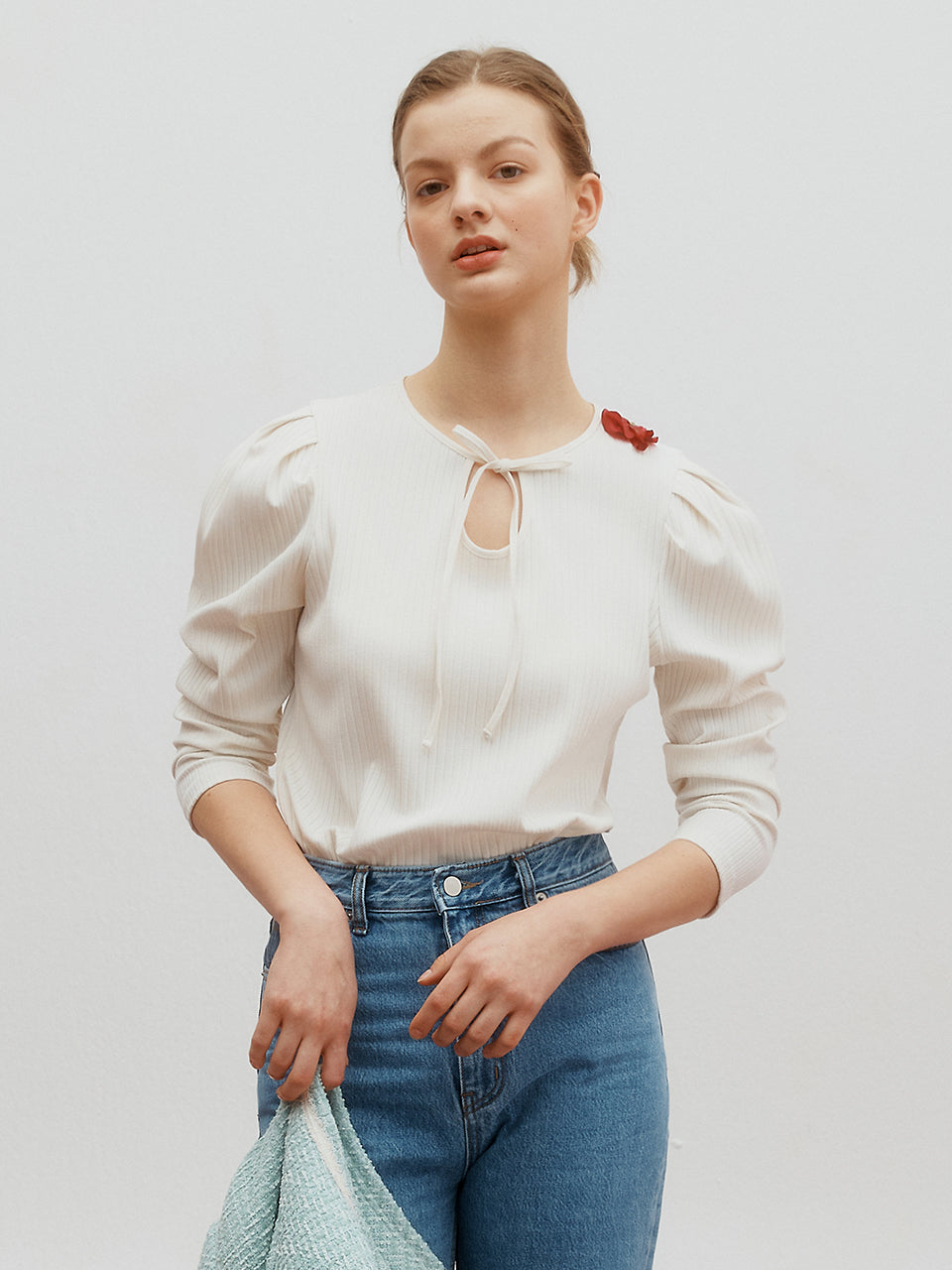 Ribbed  puff top - Ivory