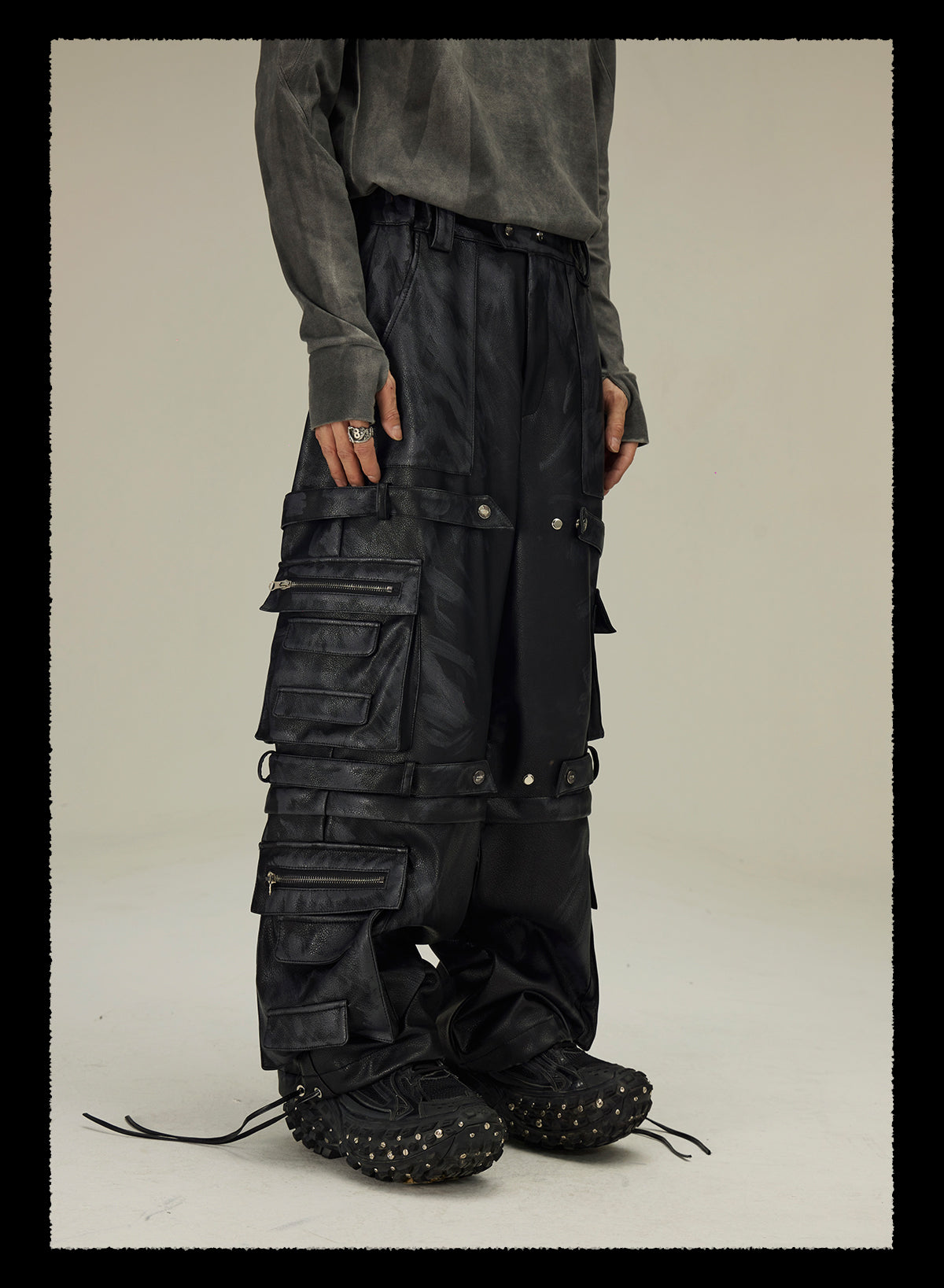  detachable multi-pocket cargo grained mud-dyed leather pants