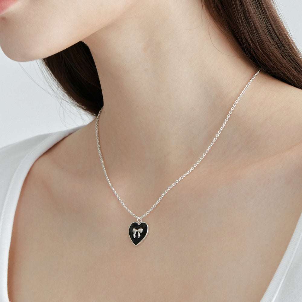 [925 SILVER] Heart Ribbon Necklace