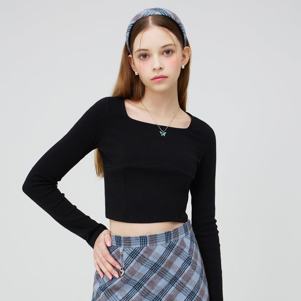 SQUARE NECK LONG SLEEVE CROP TOP _ BLACK