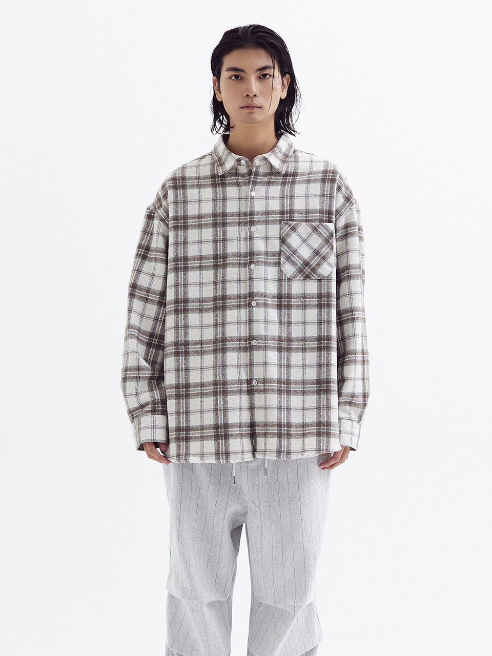 Loose wool check shirts Beige