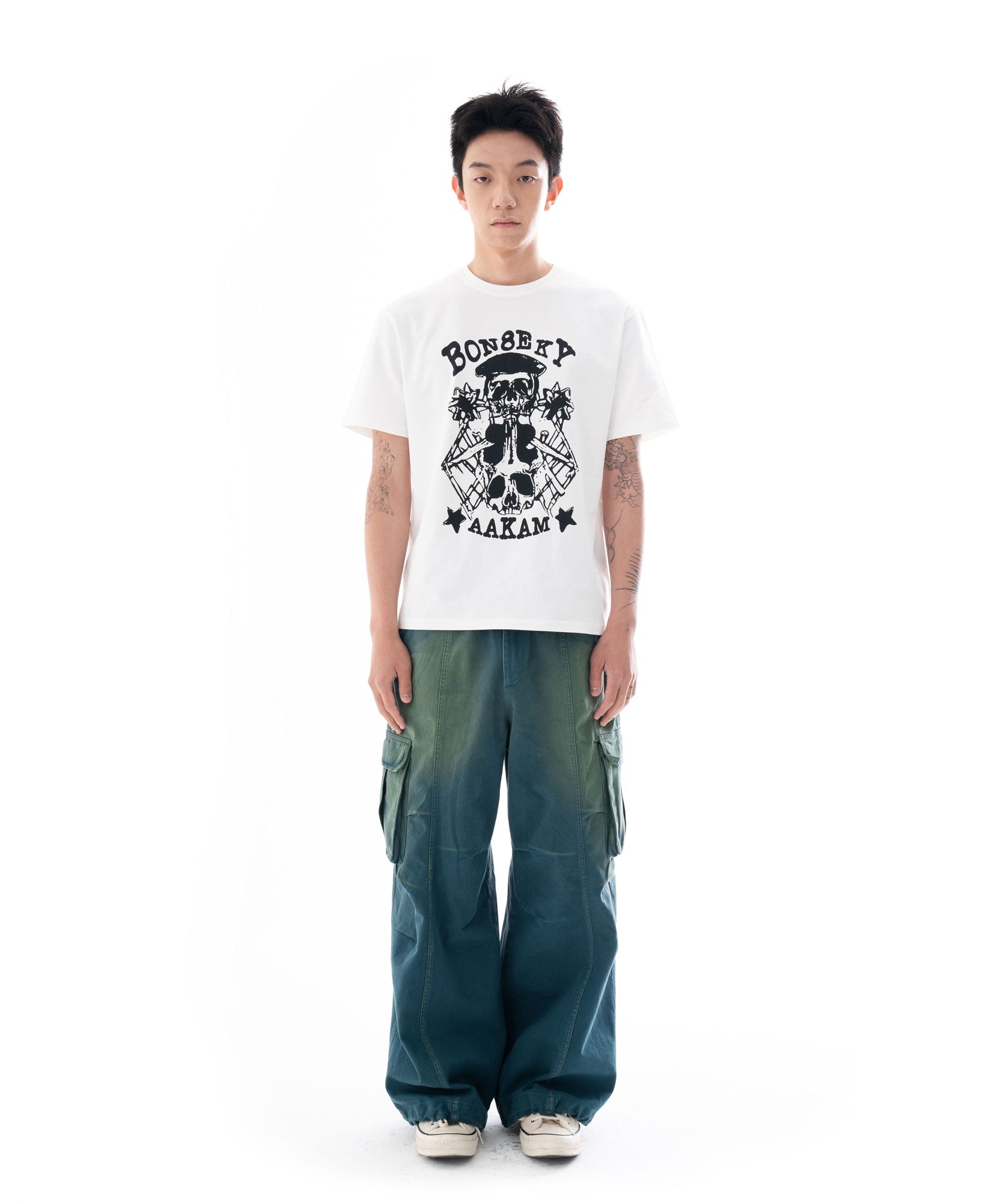 Knee Pin-tuck Wide Cargo Pants (Washed Blue)