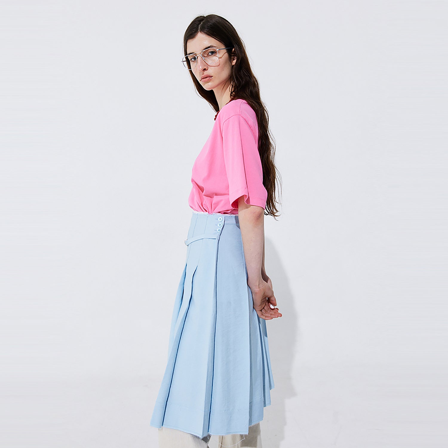 Raw-cut Pleats Skirt_Light Blue