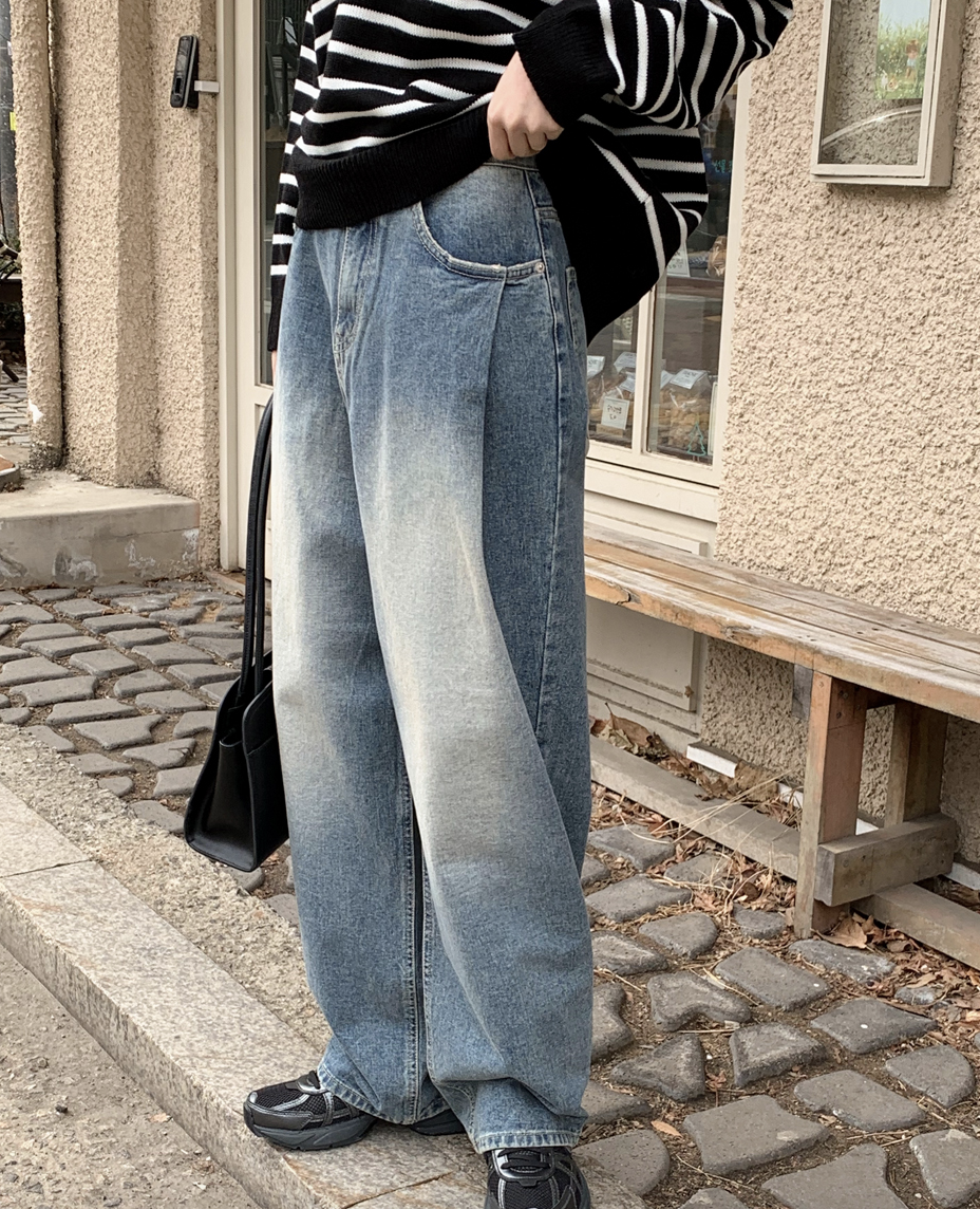 SY Pintuck Wide Washed Denim Pants (2color)