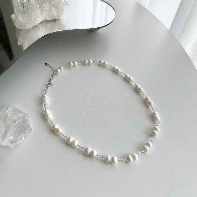 cr silver 925 fresh water pearl transparent beads innocent wedding choker necklace