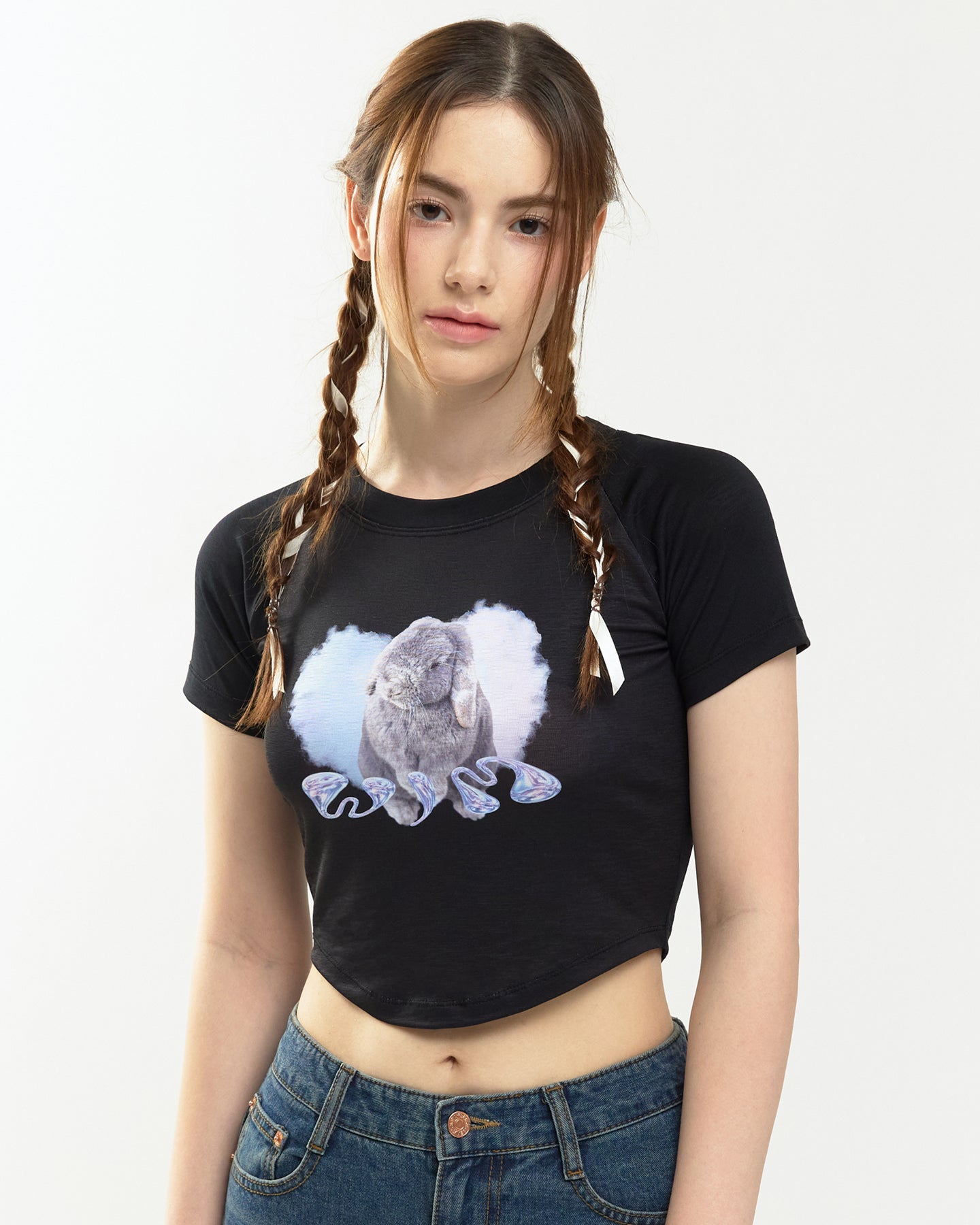 Heart bunny Raglan Crop-T (black)