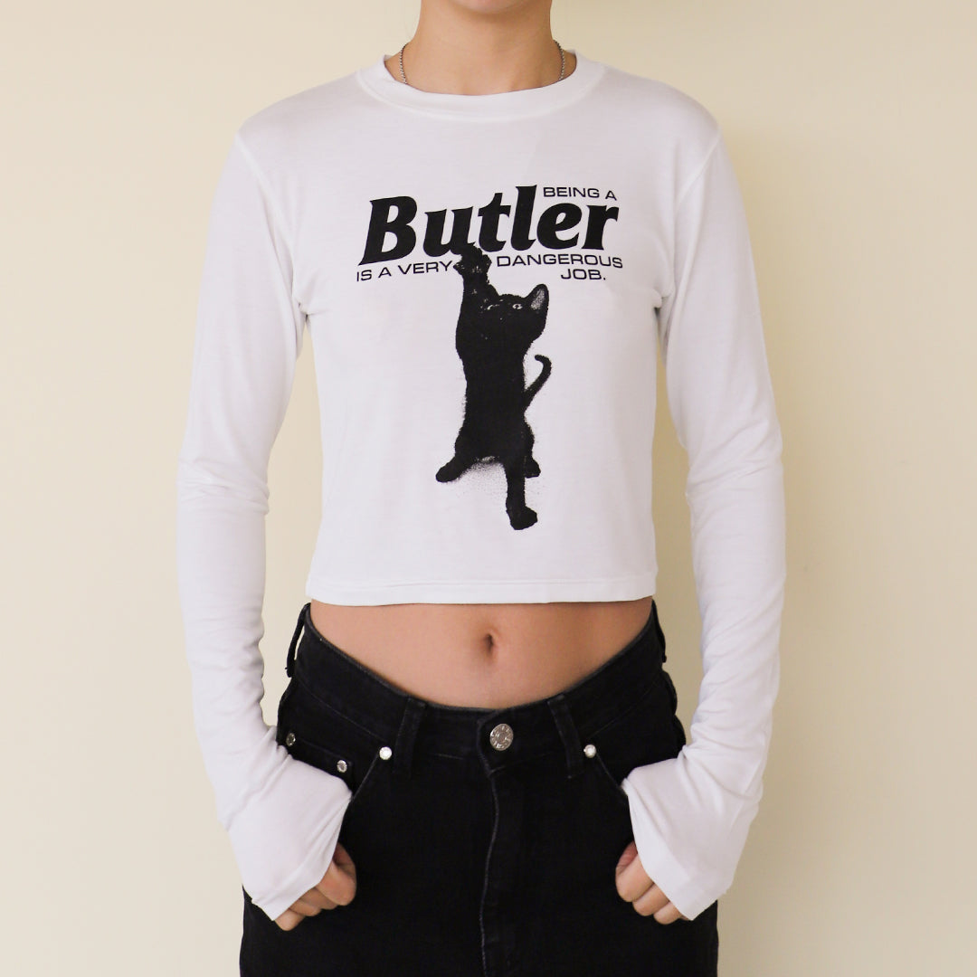 CAT BUTLER Crop long-sleeved T-Shirt (WHITE)