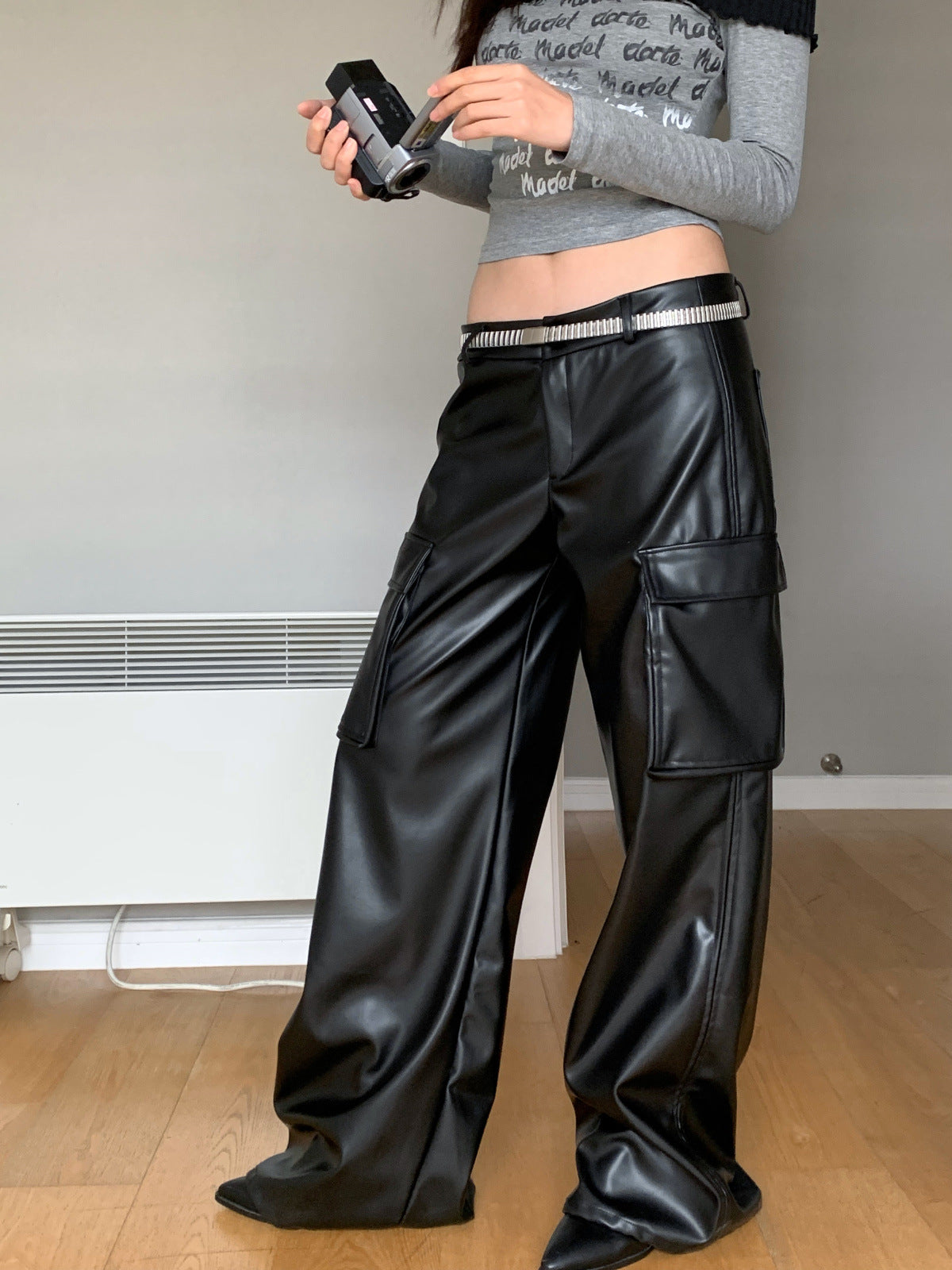 Leather Pocket Cargo Wide Pants
