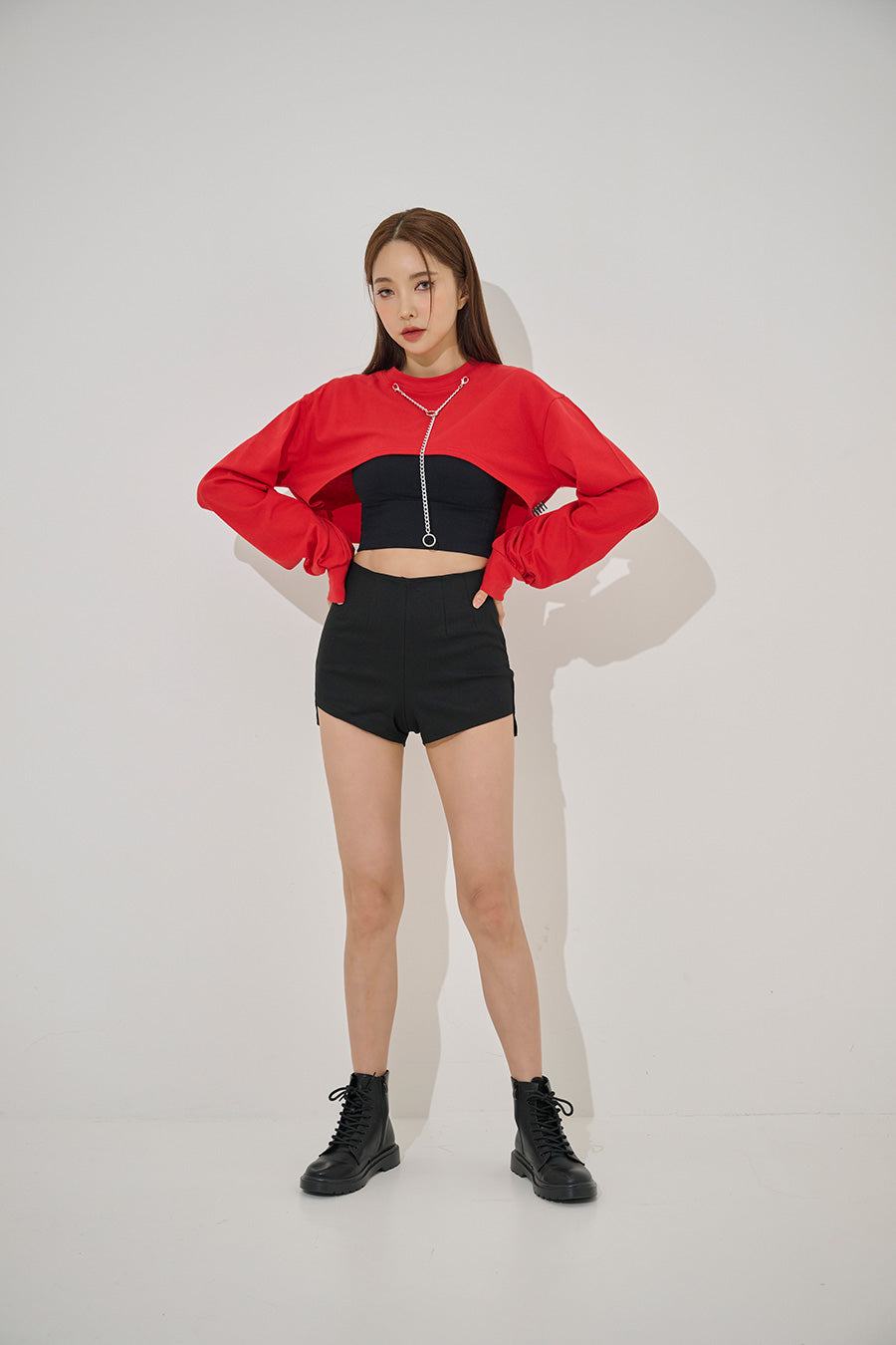 Y Necklace Long Sleeve Crop Tee(9187)