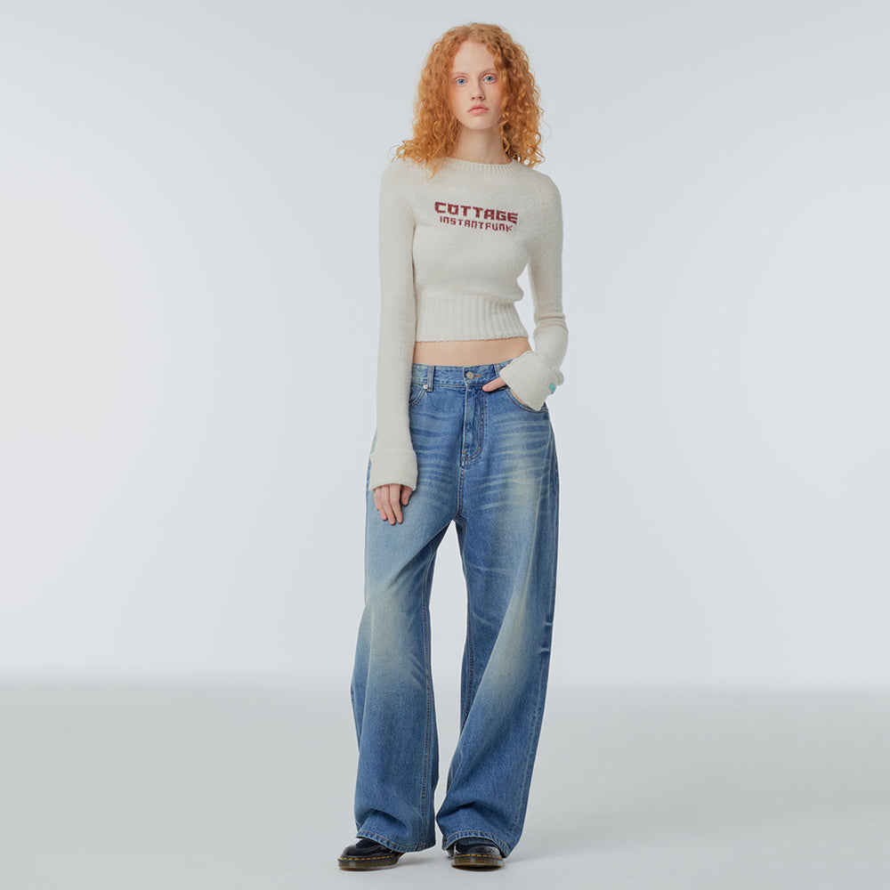 Cropped needlework wool-blend sweater