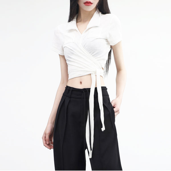 Waist Wrap Collar Cropped T-Shirt