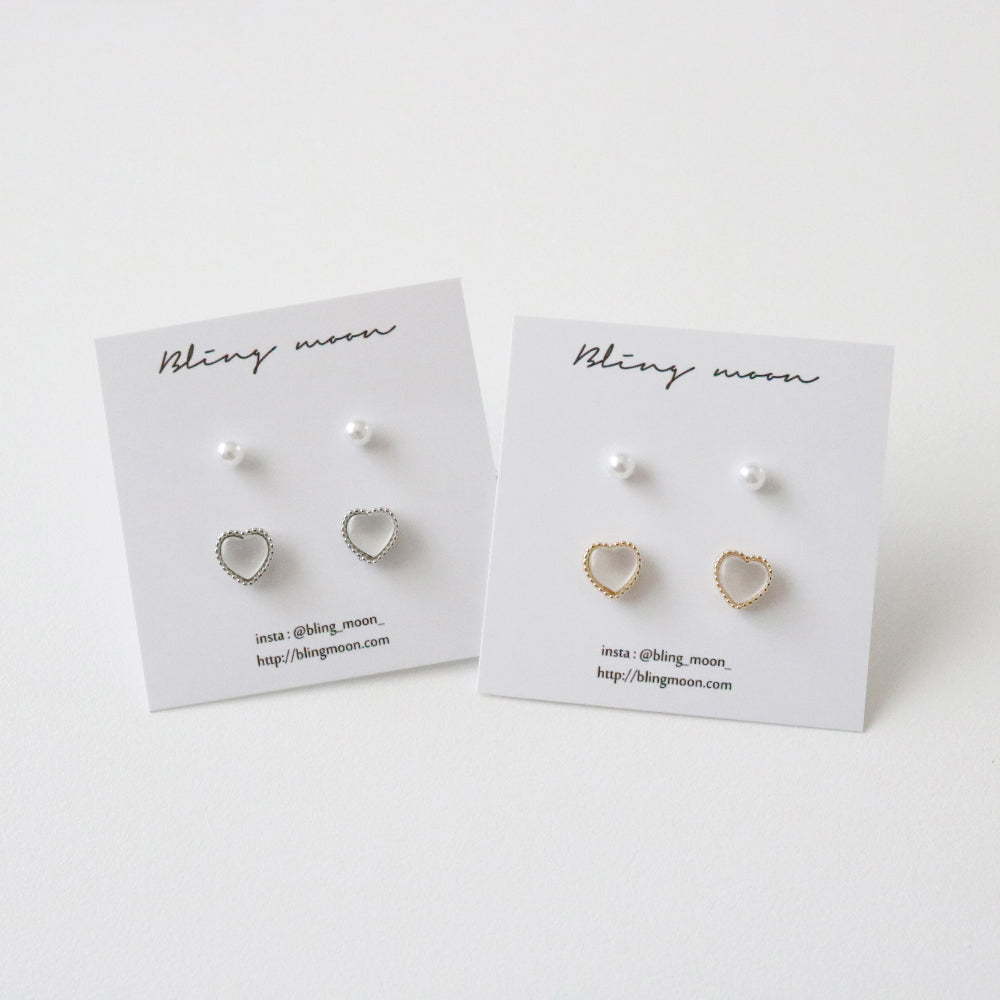 [2 set] Luminous Heart Pearl Earring Set / 2 color