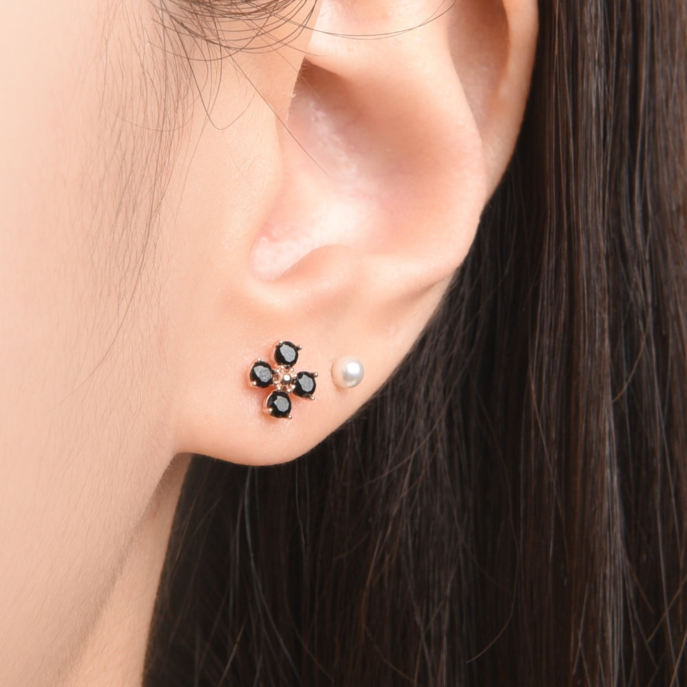 miniGOLD 925 Silver  Black Flower Earrings EOOM1222