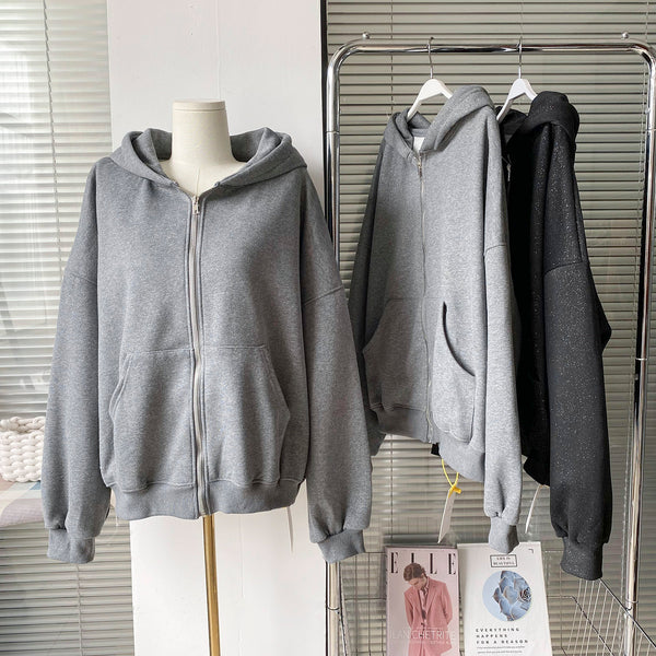 Black brushed pearl hooded zip-up