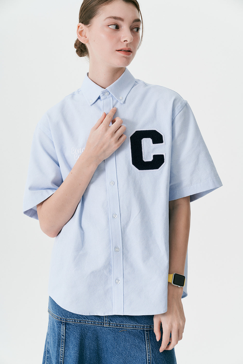 C Patch Short-Sleeved Unisex Sky blue Oxford Shirt