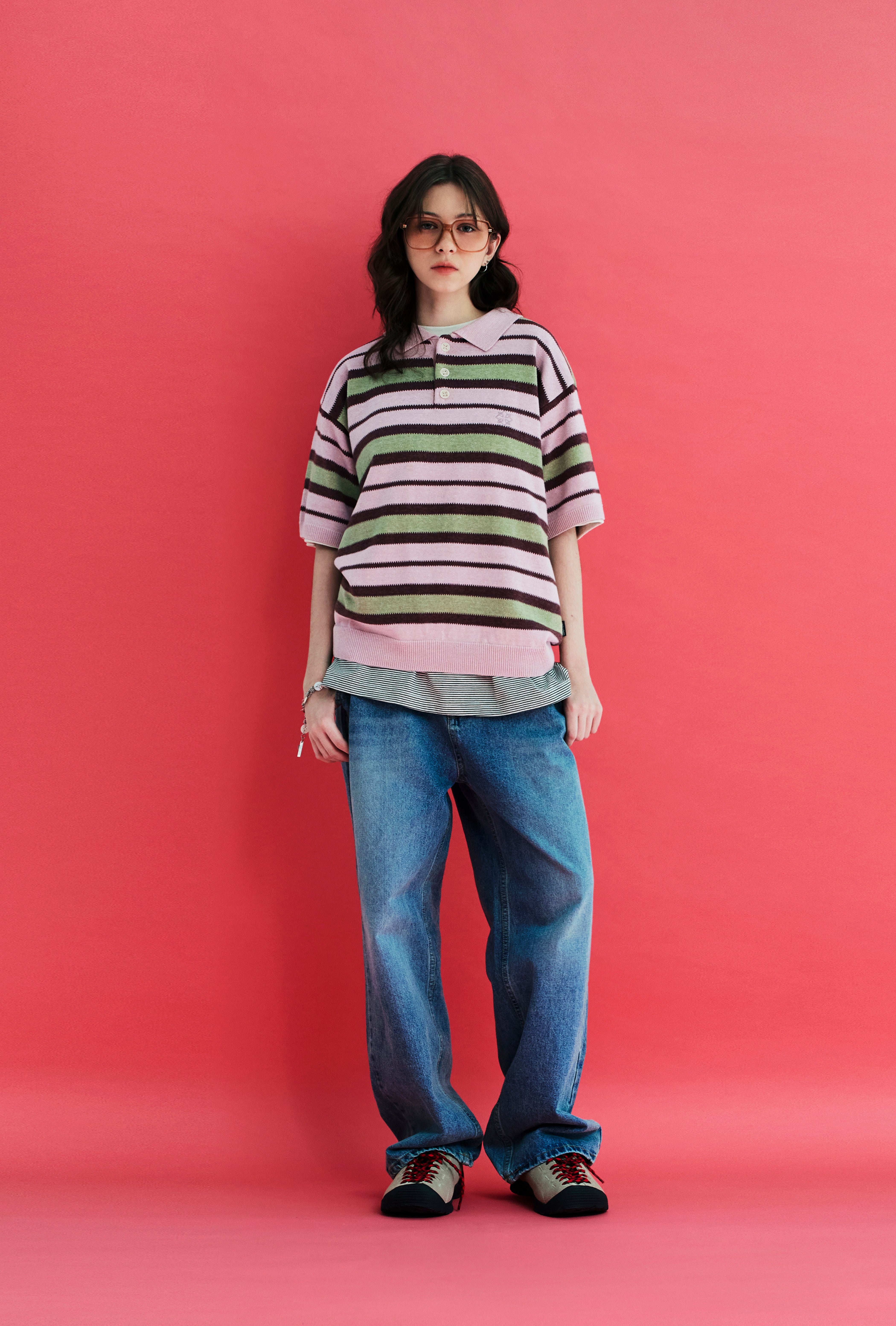 STRIPE KNIT POLO SHIRT / PINK