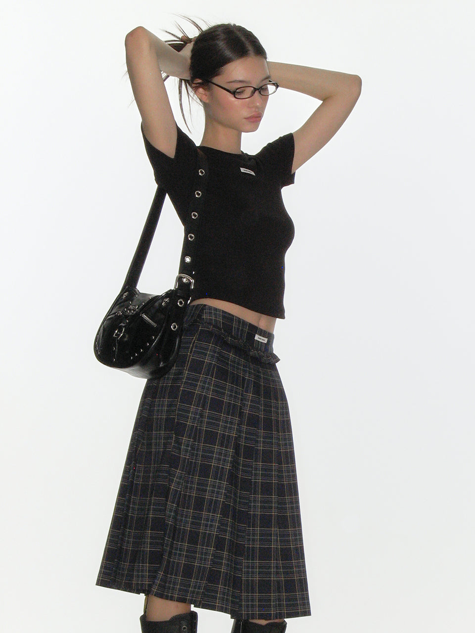 CHECK FRILL PLEATS MIDI SKIRT_NAVY