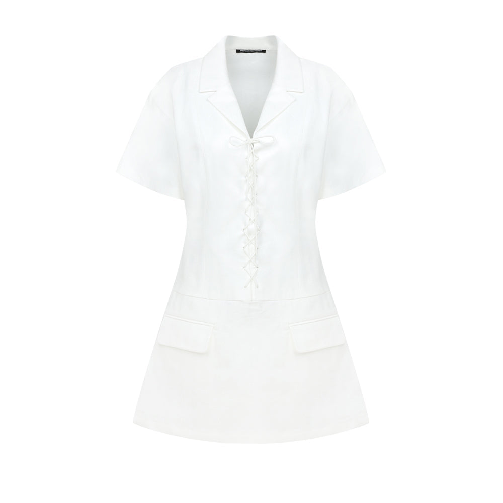 LINEN LACE-UP DRESS_WHITE