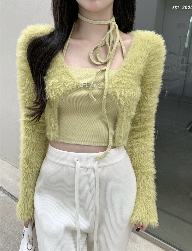 Green Cardigan Top Set