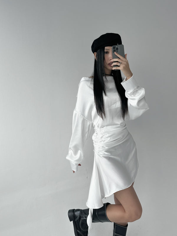 Silky shirring uncut shirt dress