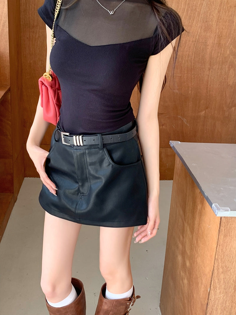 Belted leather short pants skirt