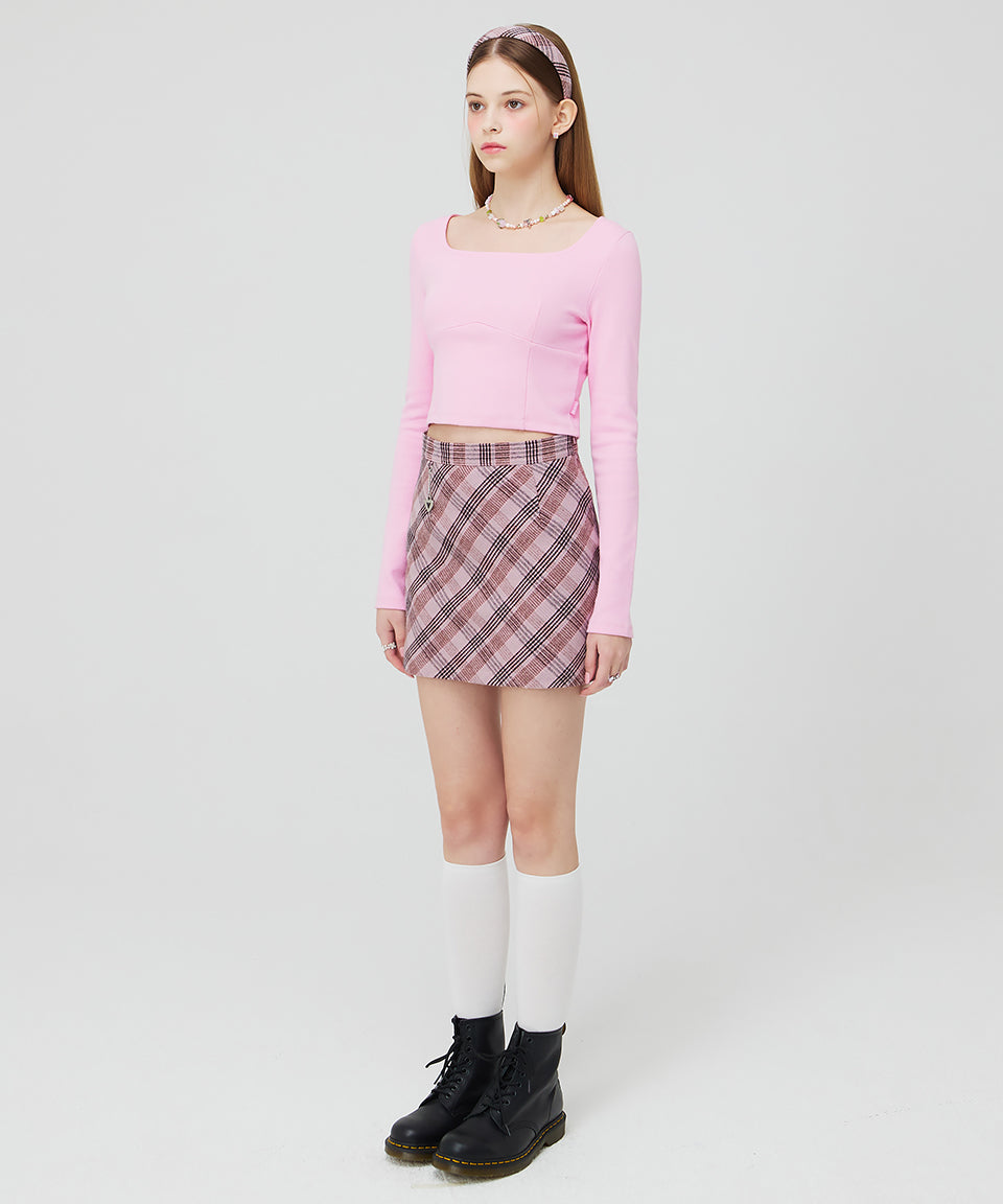 SQUARE NECK LONG SLEEVE CROP TOP _ PINK