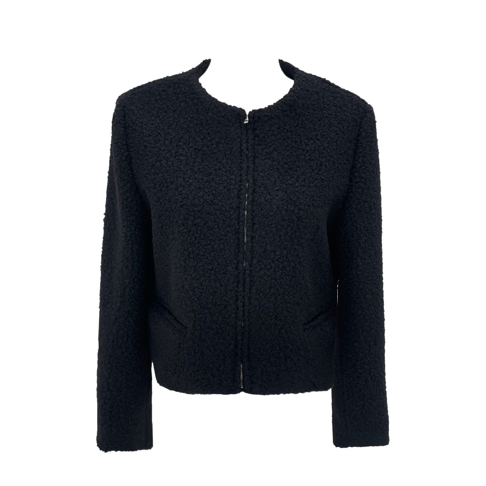 Boucle no-collar zip-up jacket (Black)