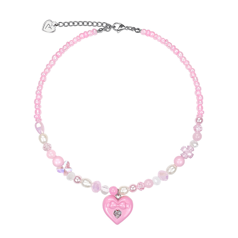 Pink Ribbon Heart Mix Beads Necklace