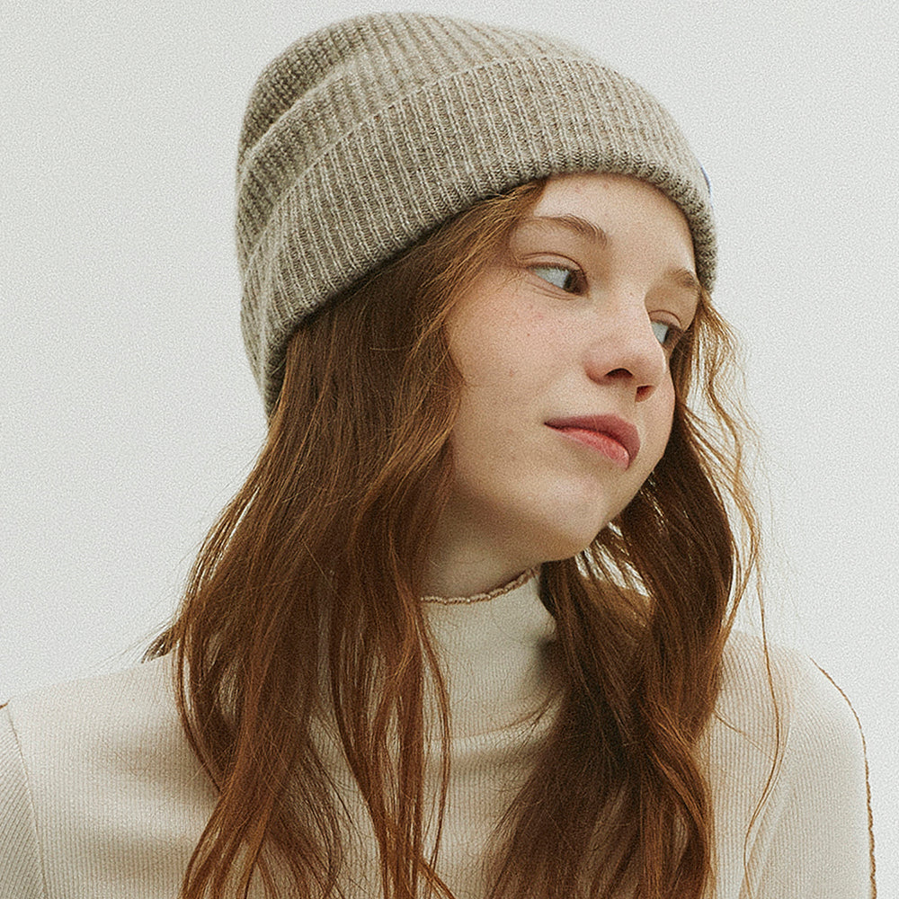 BUBBLE LABEL CASHMERE WOOL BLENDED BEANIE_MOCHA