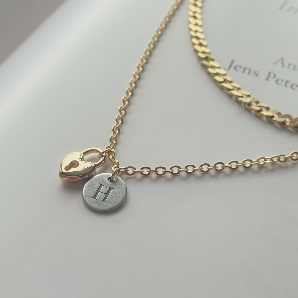 Vintage initial with layered chain necklace