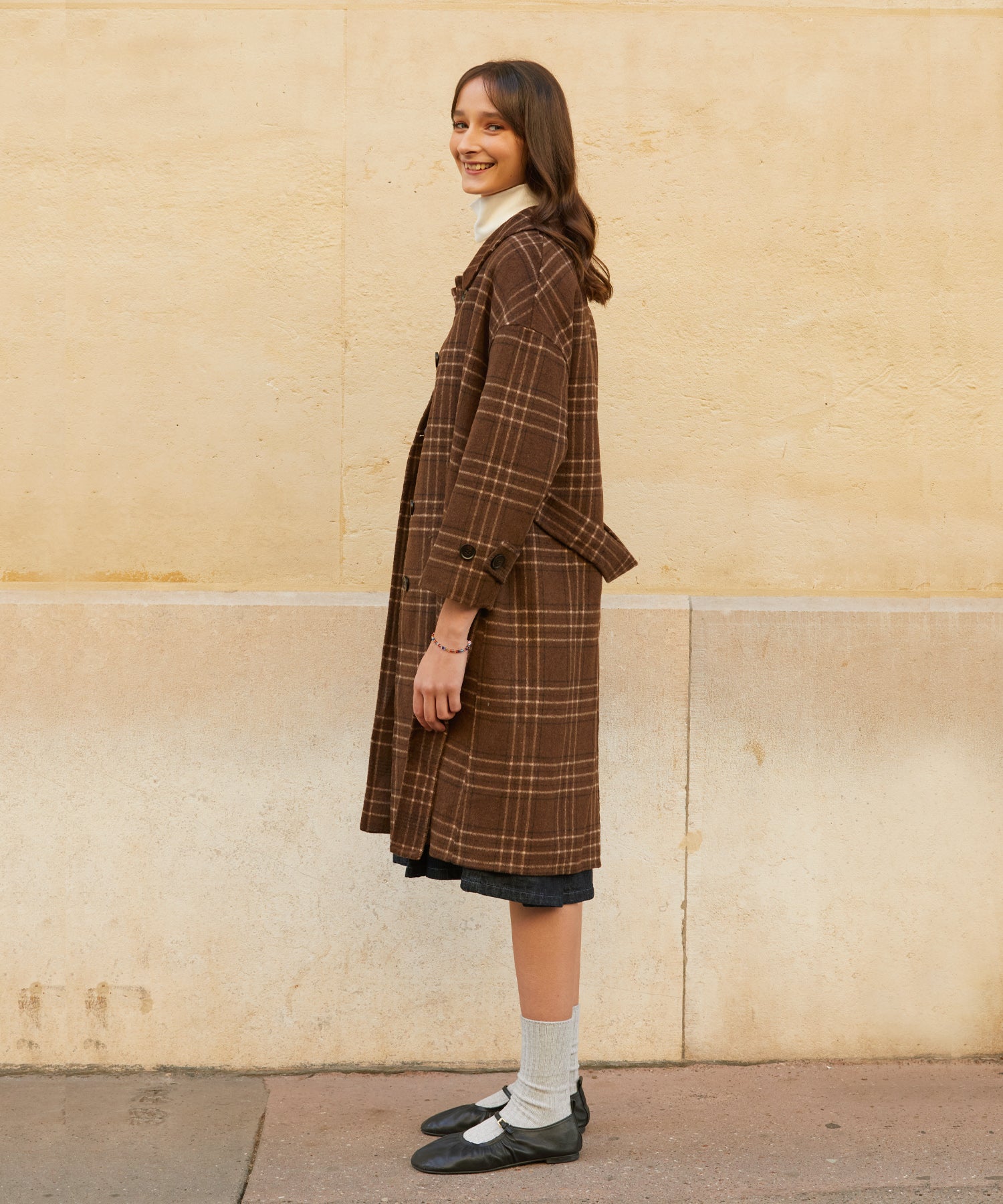 RCH cashwool blended robe coat check brown