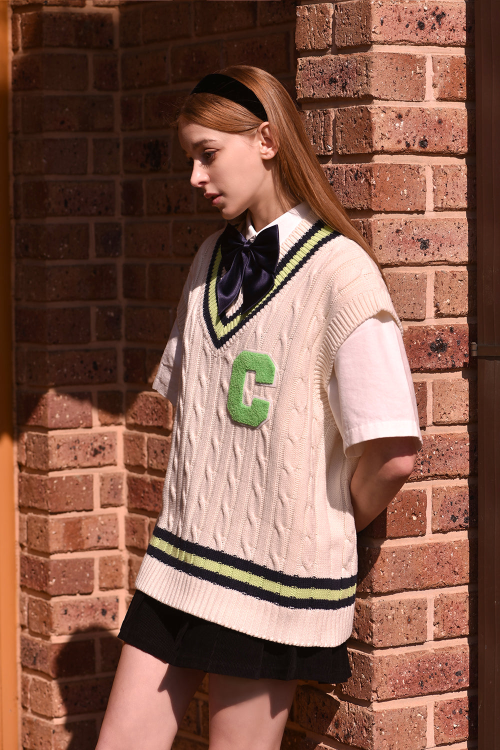 Light Green C Patch V-neck Ivory Knitwear Vest