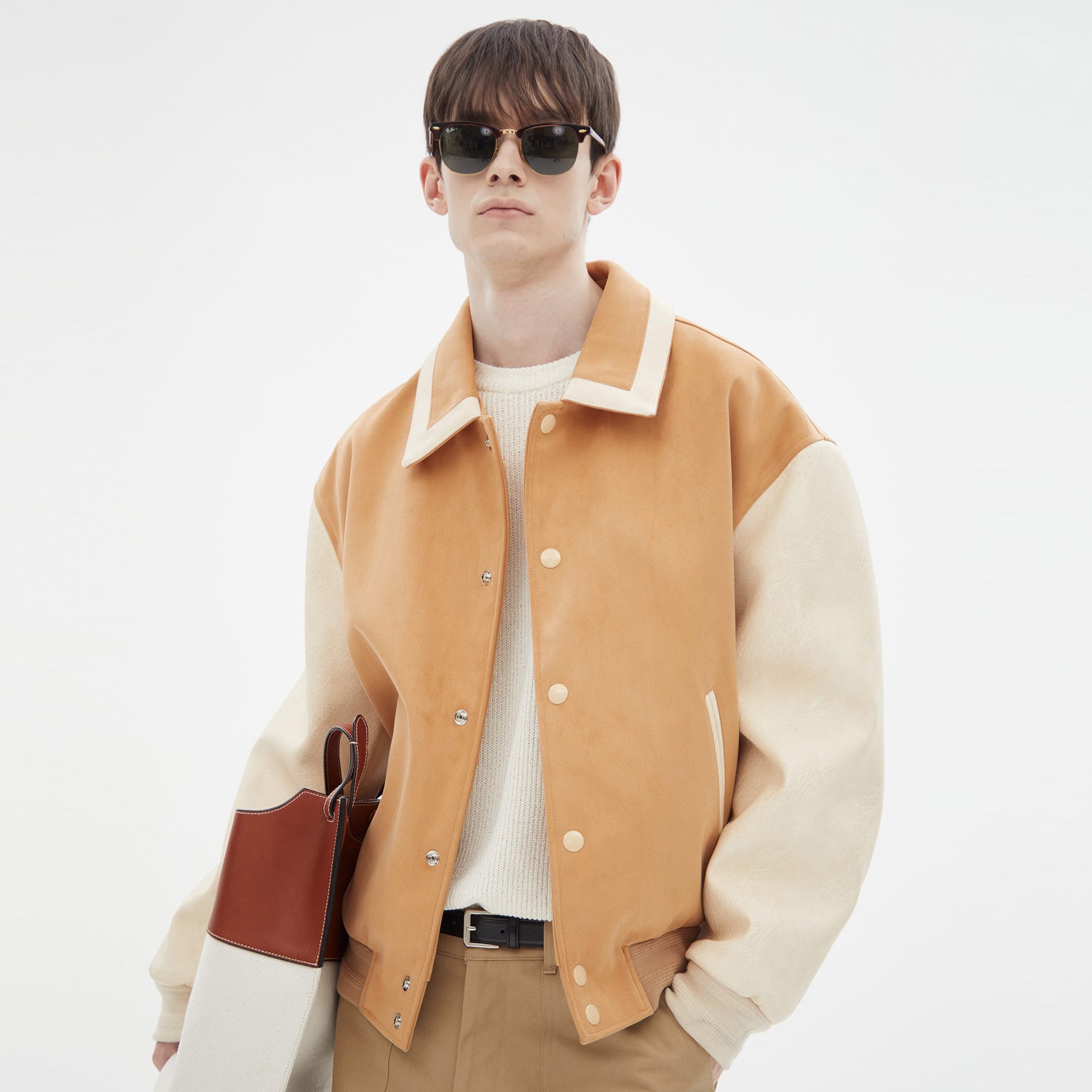 COLOR BLOCK FAUX LEATHER LOGO VARSITY JACKET(CAMEL)