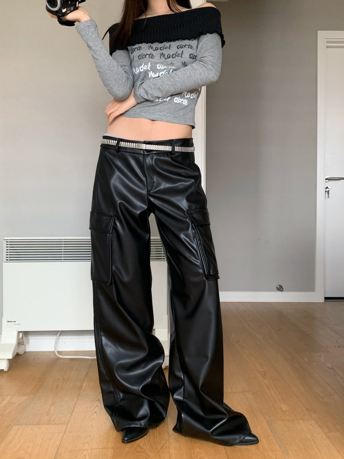 Leather Pocket Cargo Wide Pants