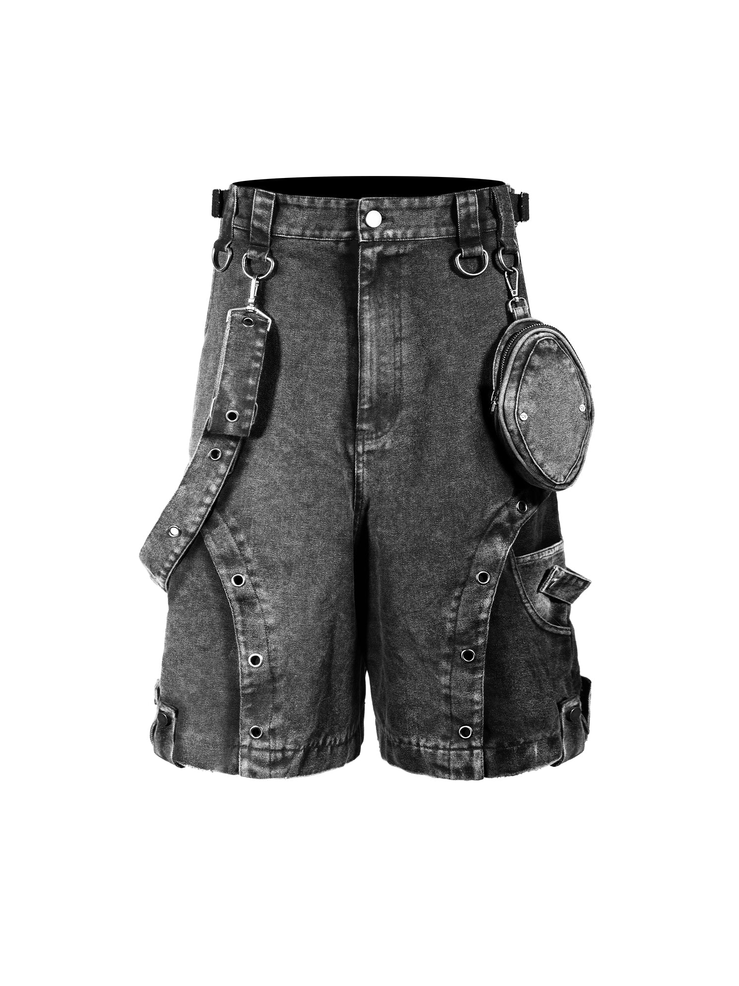 heavy washed three-dimensional waist bag streamer pants casual shorts