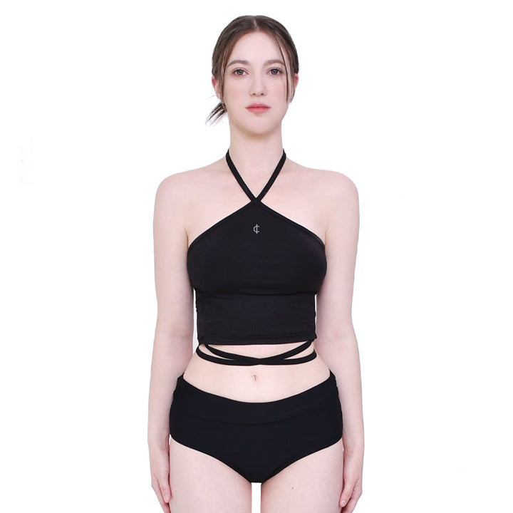 2-way halter span crop sleeveless top (black)