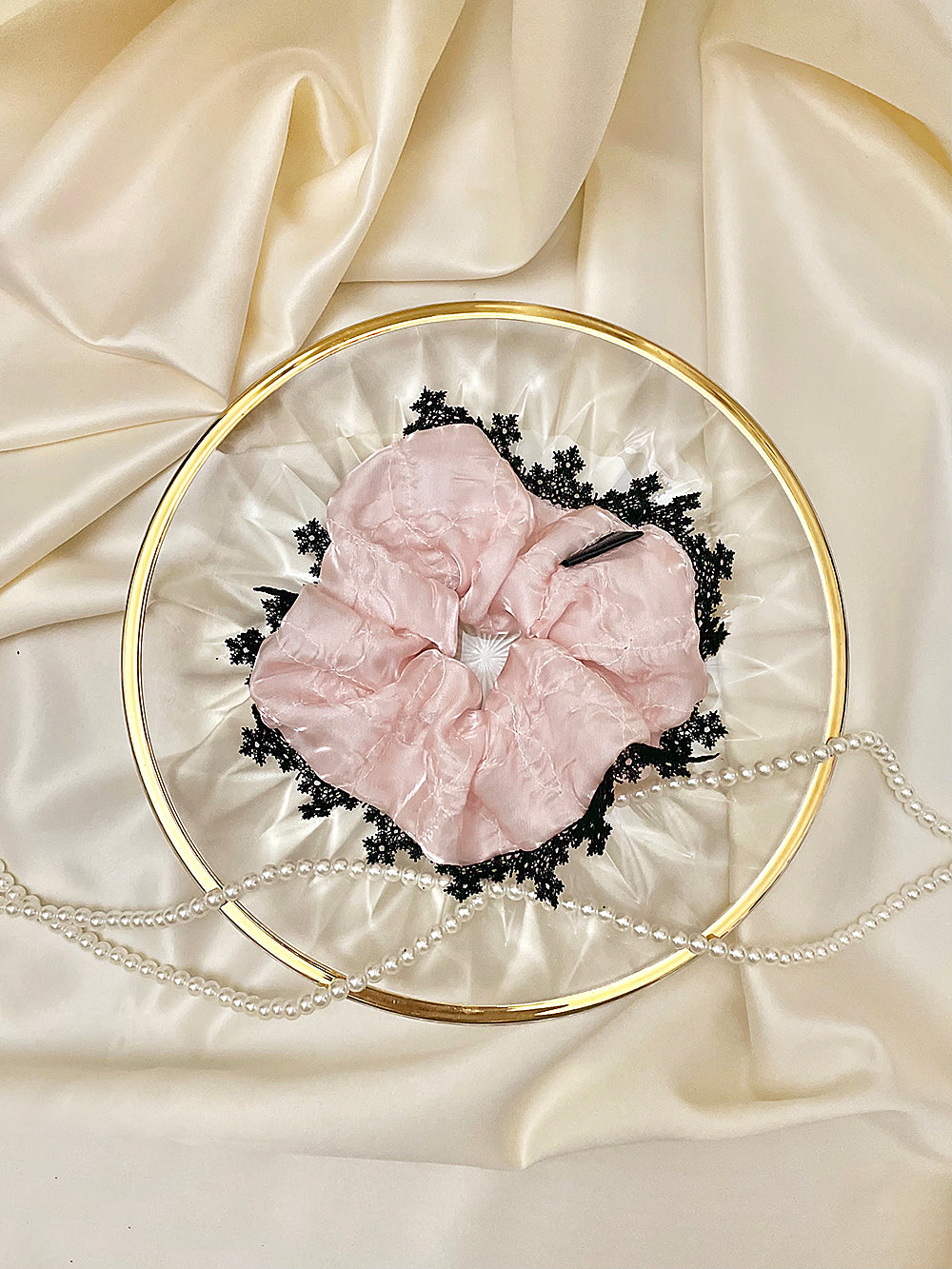 Glossy Organza Lace Satin Hair Scrunchie (M)