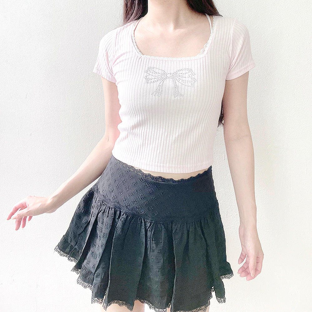 Shine Ribbon Cubic Lace T-Shirt (Baby Pink)