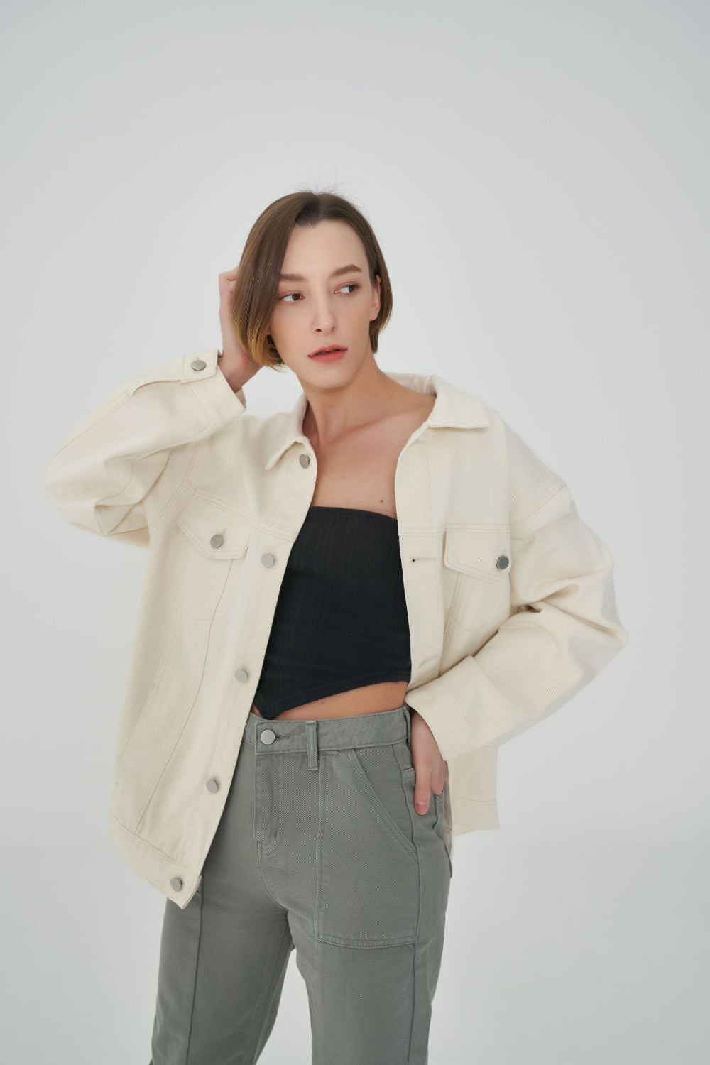 OVER FIT IVORY DENIM JACKET [6679]