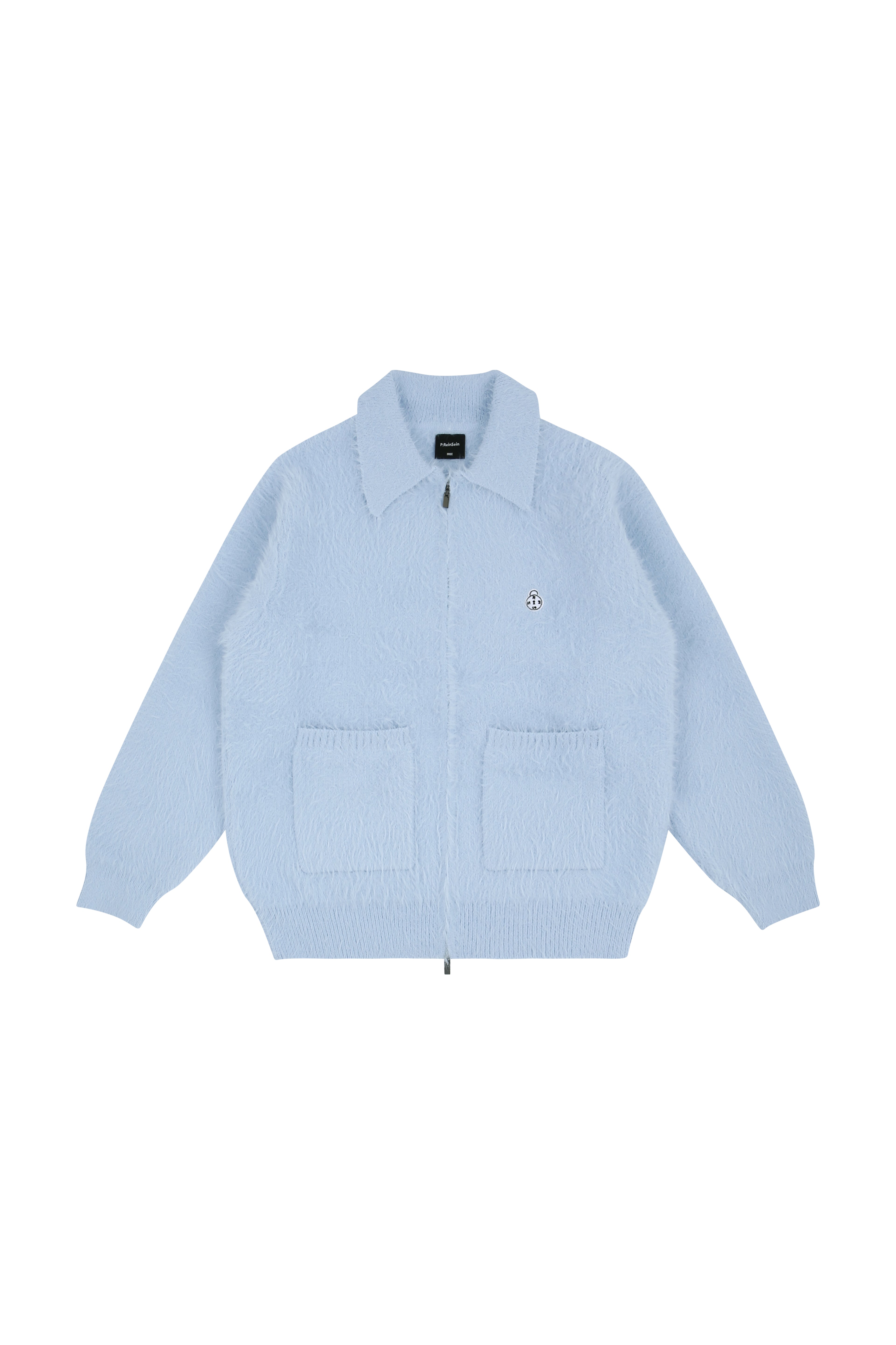 Sky Blue Angora Collar Neck Zipper Cardigan