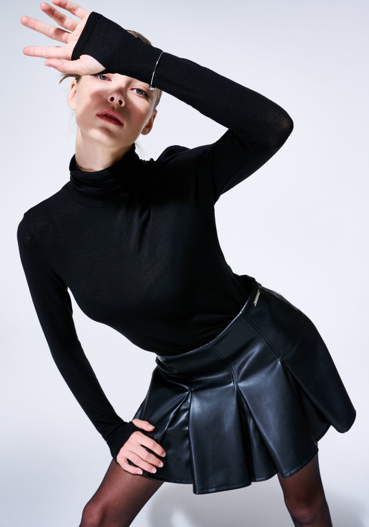 BLACK GODET PLEATED VEGAN LEATHER SKIRT