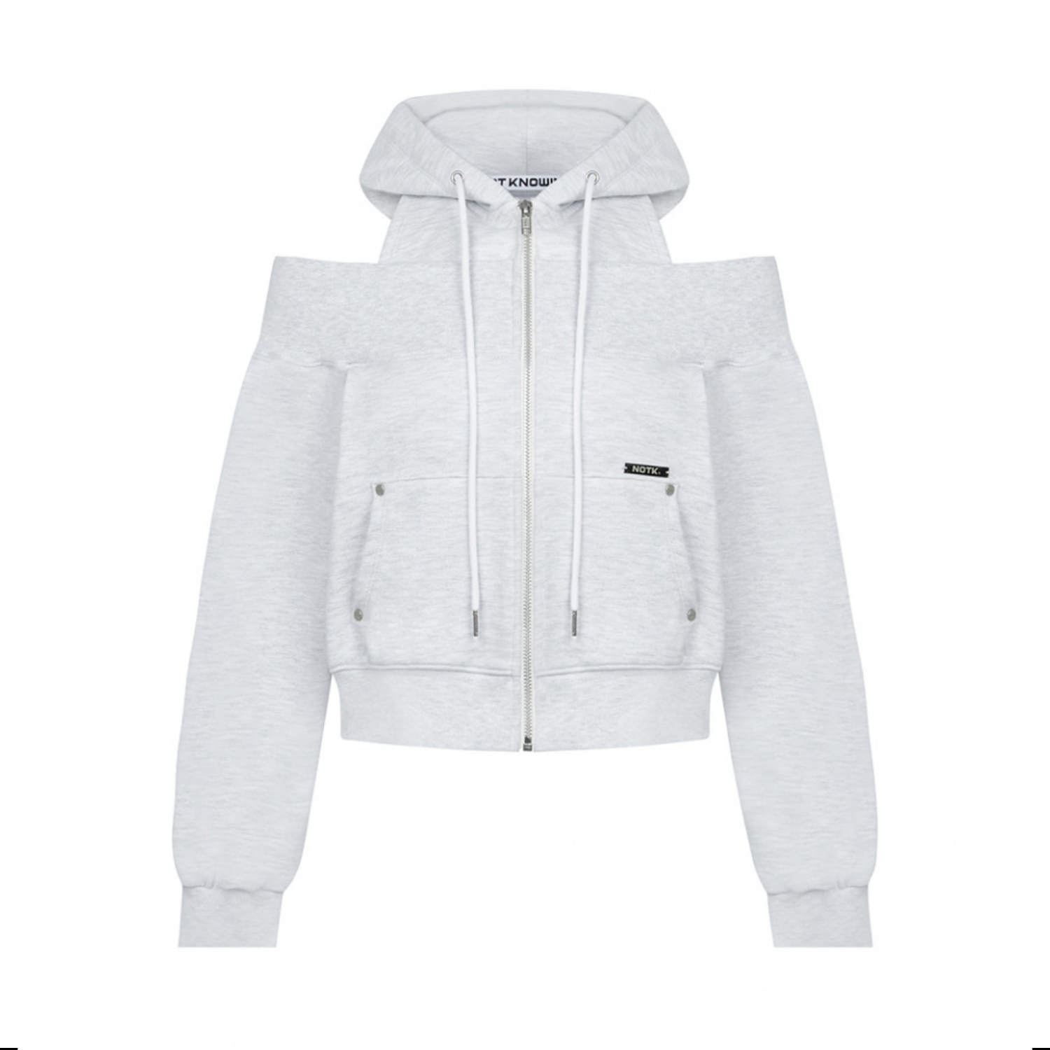 Open Shoulder Zip Up Hoodie (MELANGE WHITE)