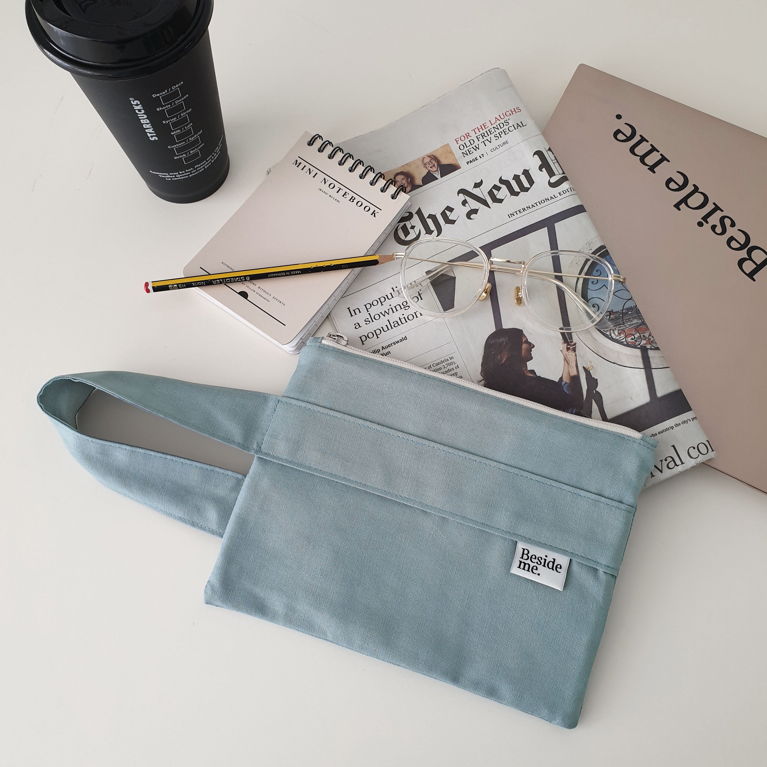 Oxford simple line strap pouch - skyblue gray