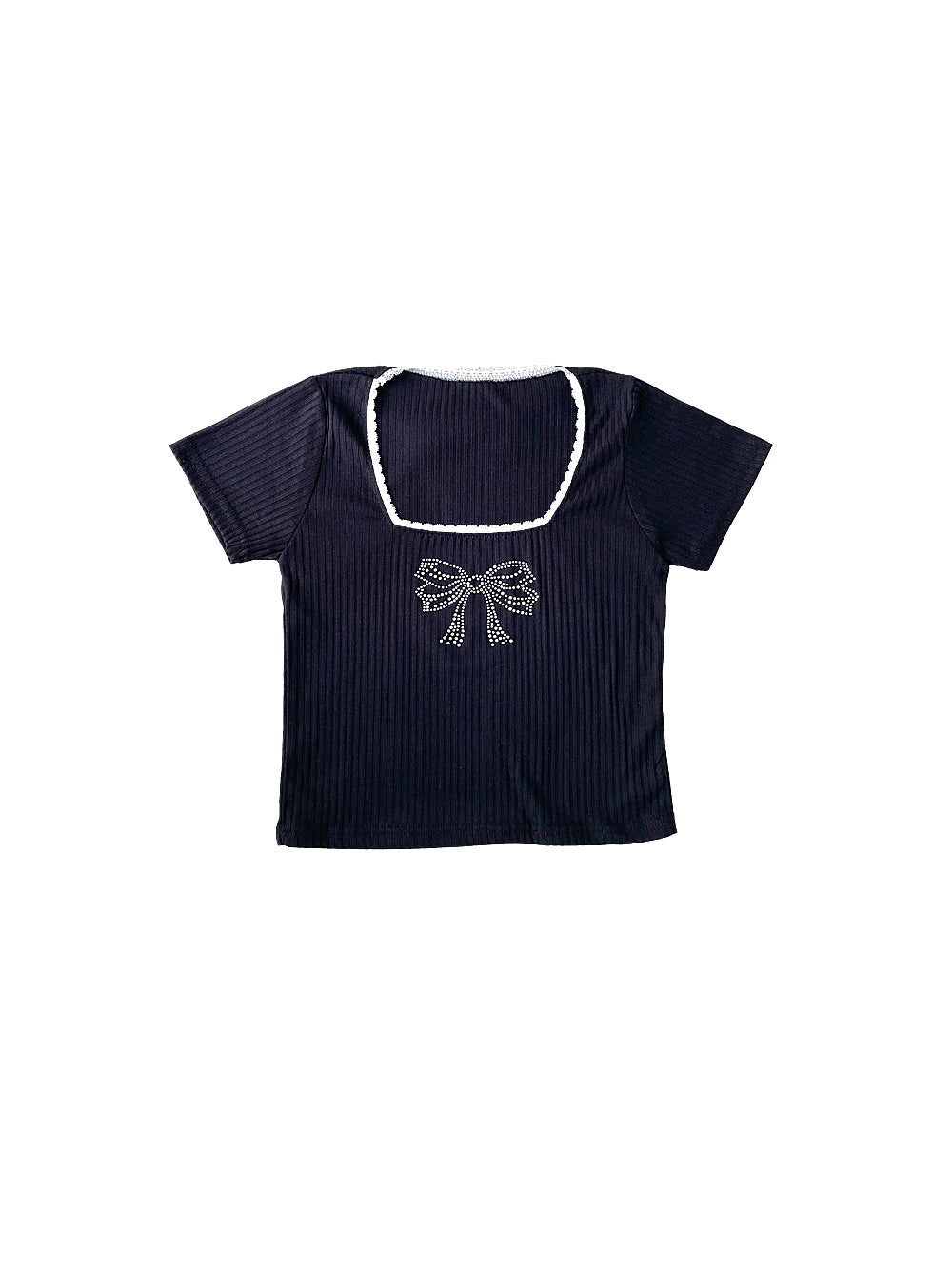 Shine Ribbon Cubic Lace T-Shirt (Black)