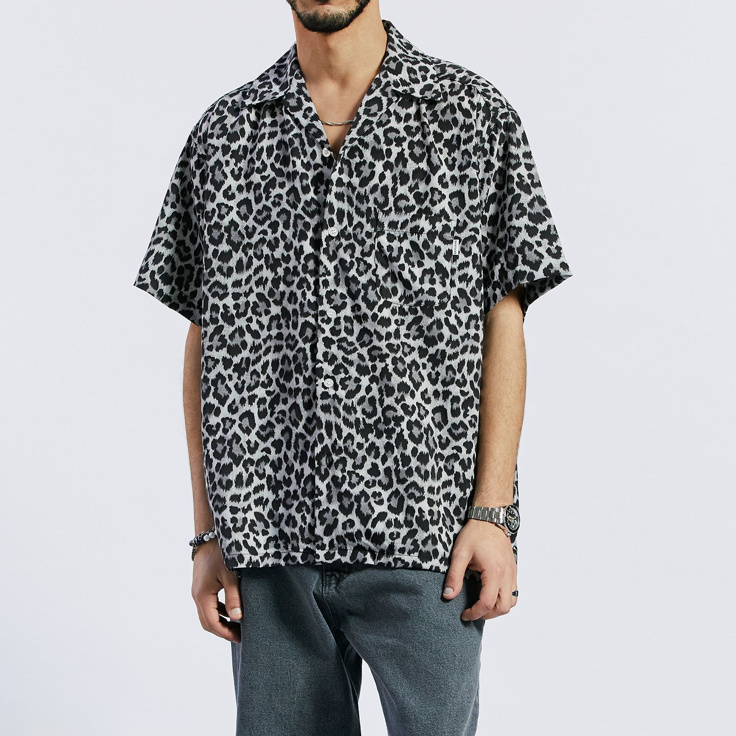 SP OVER FIT LEOPARD OPEN COLLAR SHIRTS-GRAY