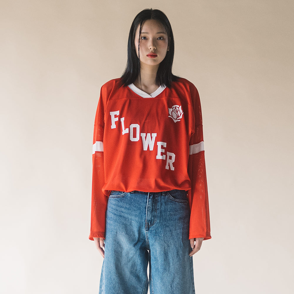 FLOWER AMERICAN FOOTBALL MESH L/S TEE(RED)