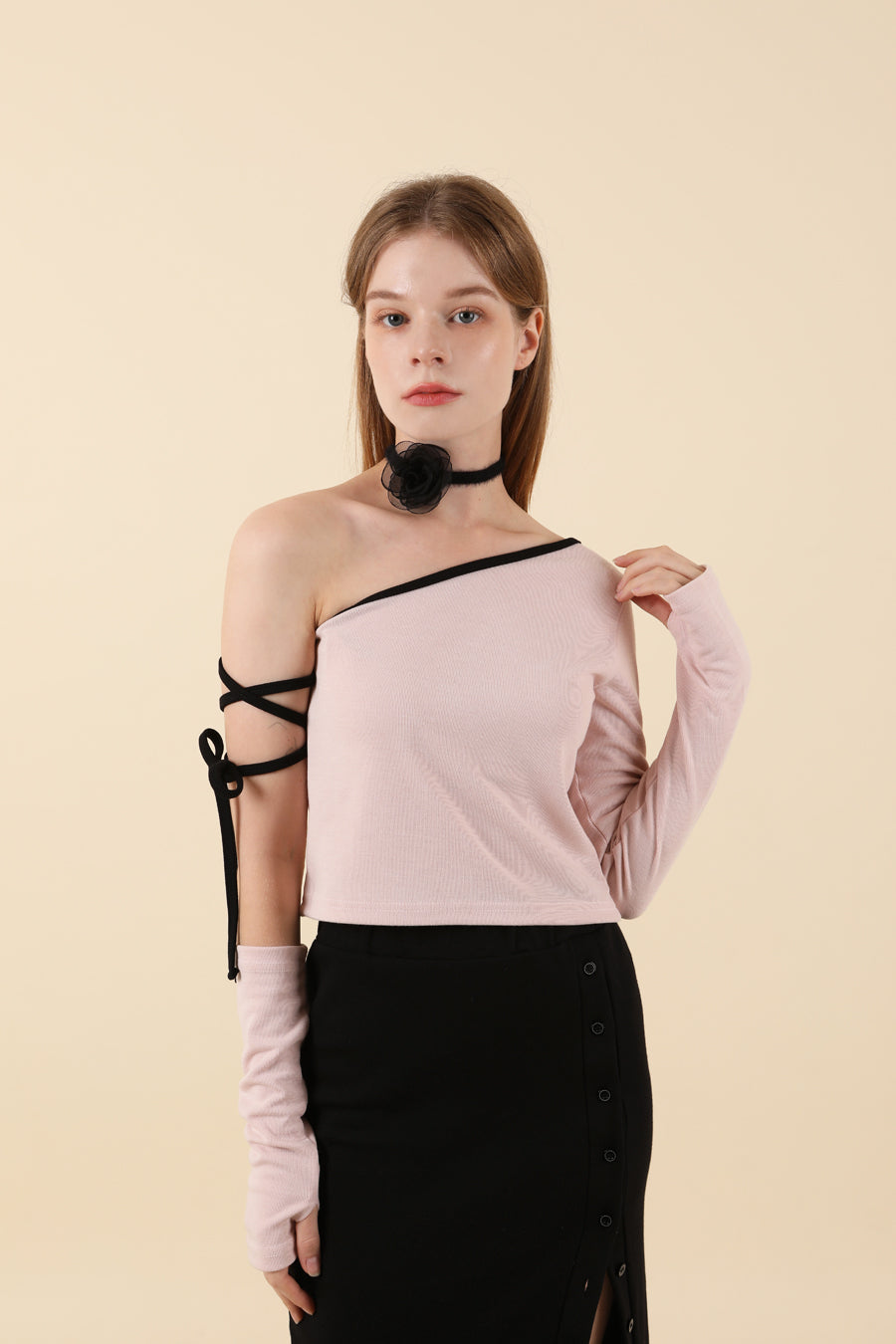 Strap Off Shoulder Warmer T-shirt Pink